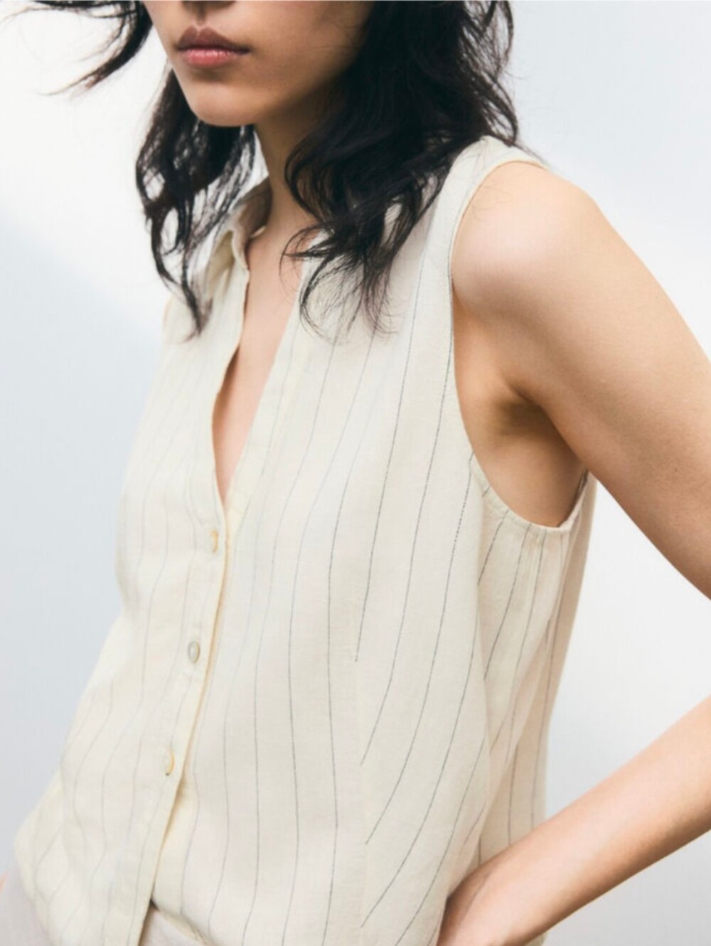 Linen Blend Pinstripe Sleeveless Button Up Shirt